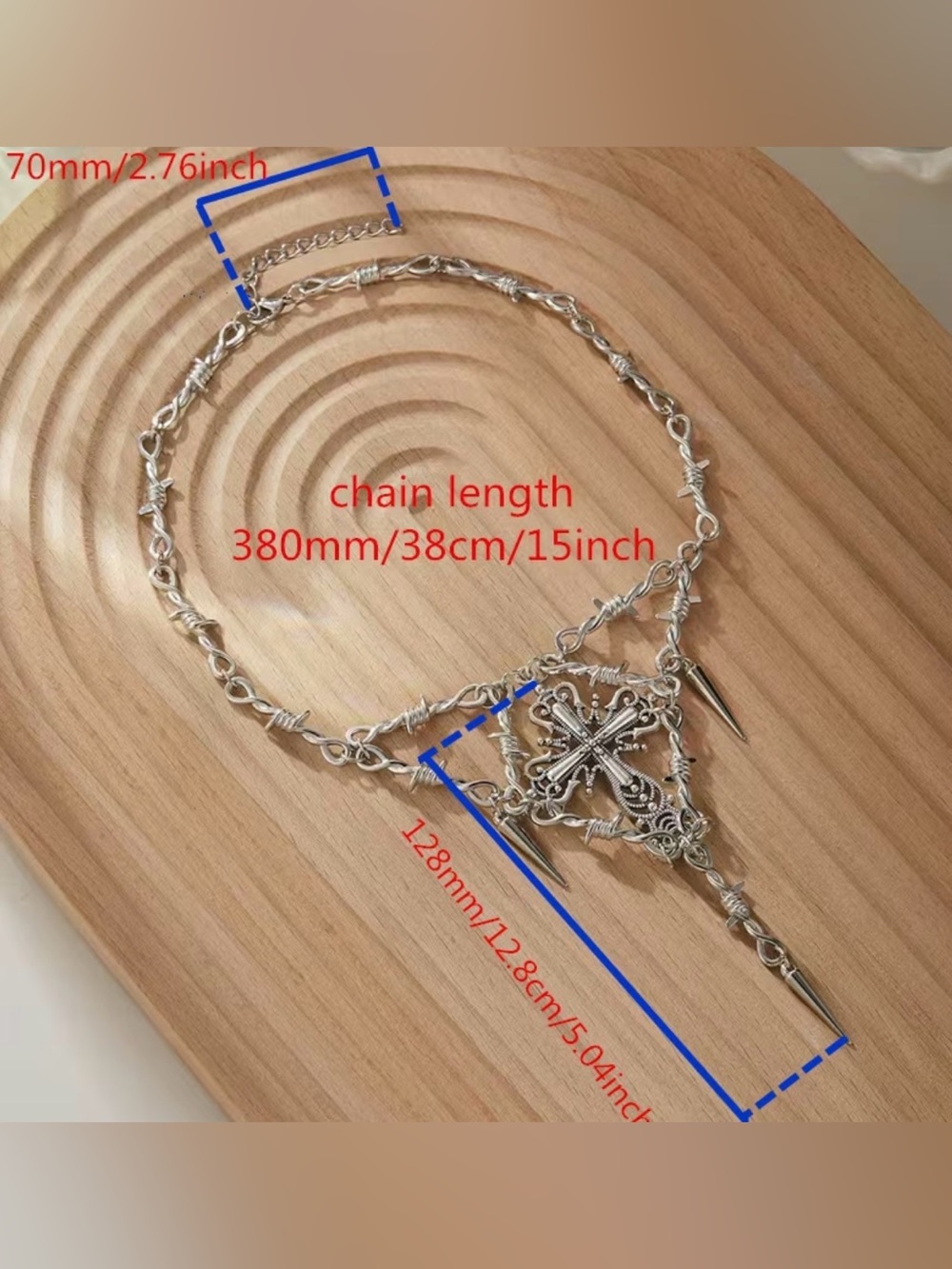 gothic barbed wire necklace features a central ornate cross pendant and spike - Picture 2 of 7